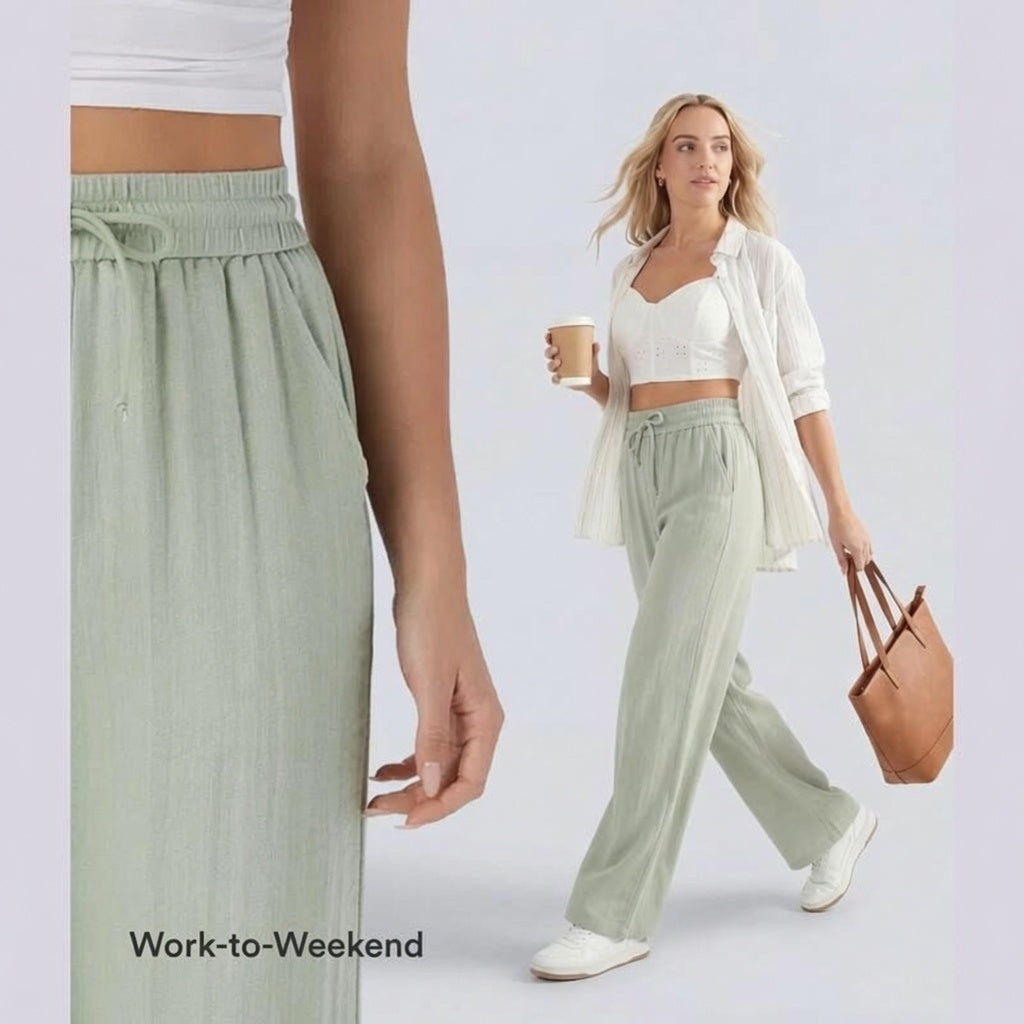 Soft Sage High-Waist Wide Leg Linen Trousers